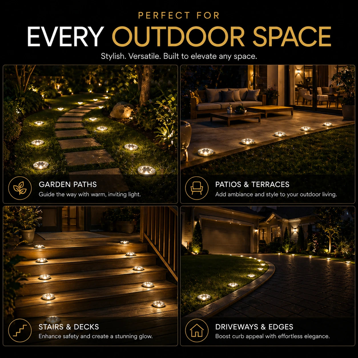 Solara Garden LED Lights – 4-Piece Luxury Garden & Pathway Illumination Set